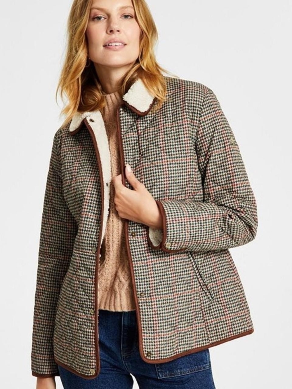 Lauren Ralp Lauren Sherpa-Collar Quilted Coat Plaid Houndstooth Barn Jacket